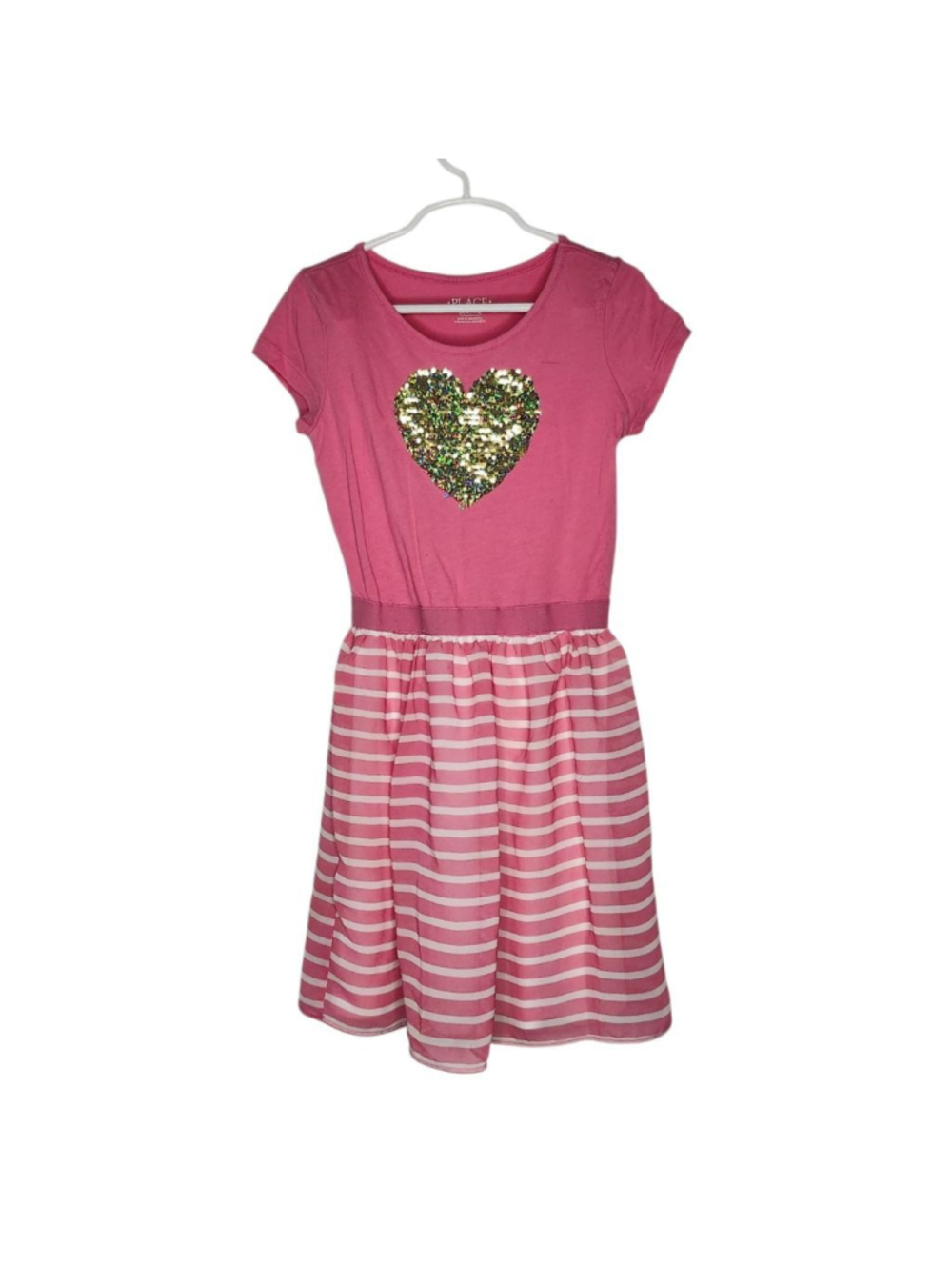 Girls Children's Place Pink Striped Dress with Sequin Heart M